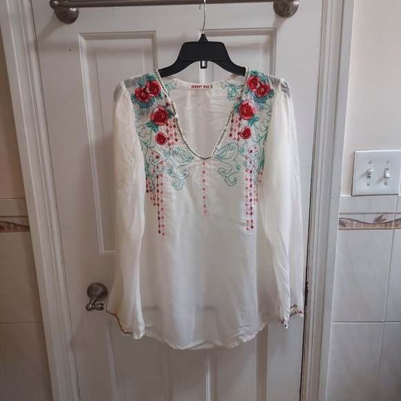 Johnny Was White Rose Floral Embroidered Georgette Long Sleeve Top